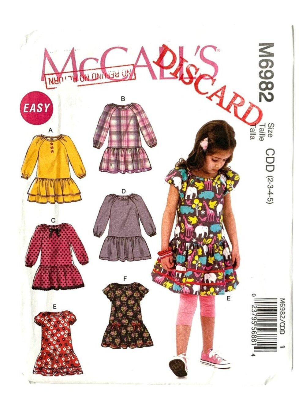McCalls M6982 Sewing Pattern Childrens Easy Raglan Sleeve Drop Waist Dresses sz